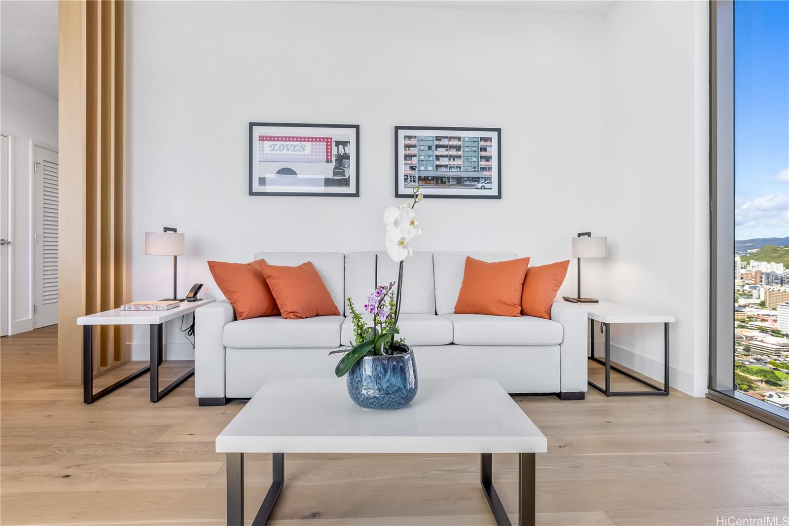 a living room with furniture and a potted plant