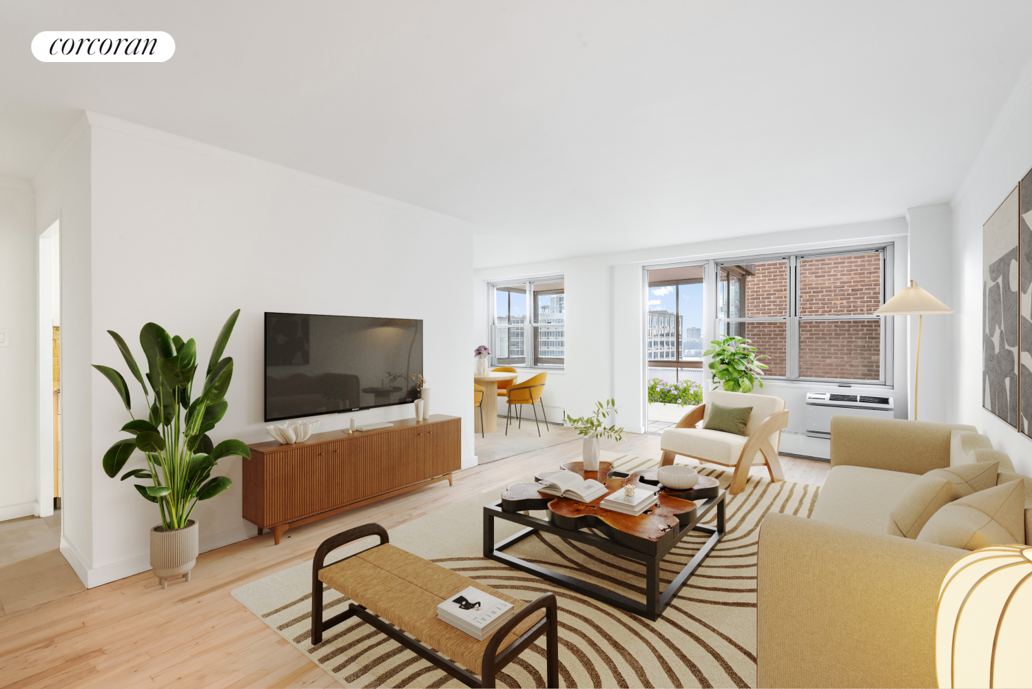 a living room with furniture potted plant and a window