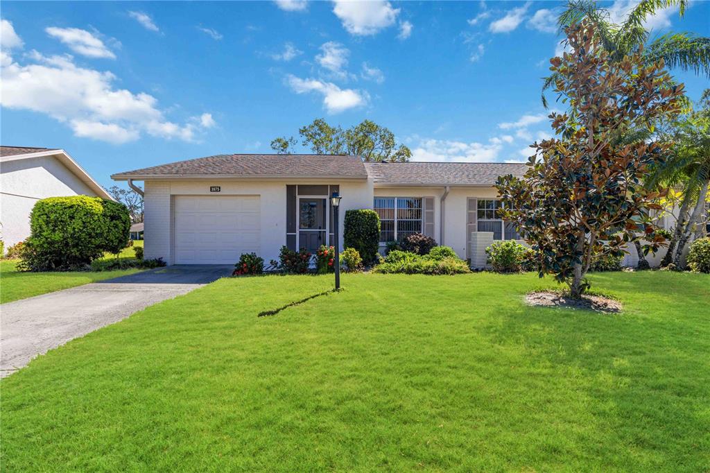 a view of a house with backyard and a tree