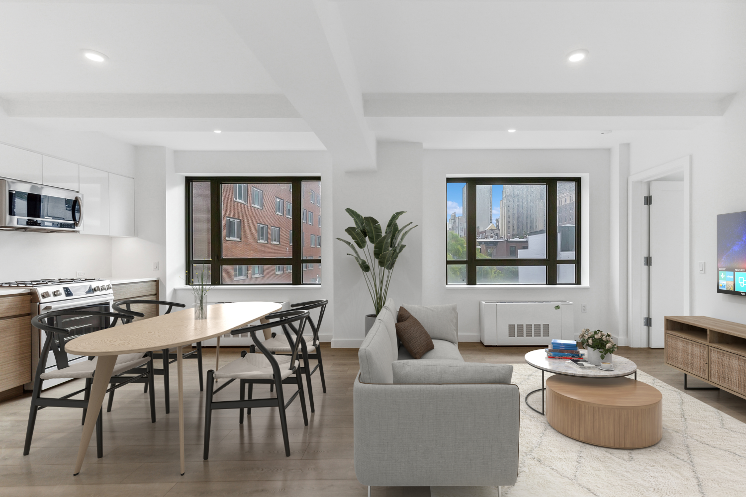 a living room with furniture and a potted plant