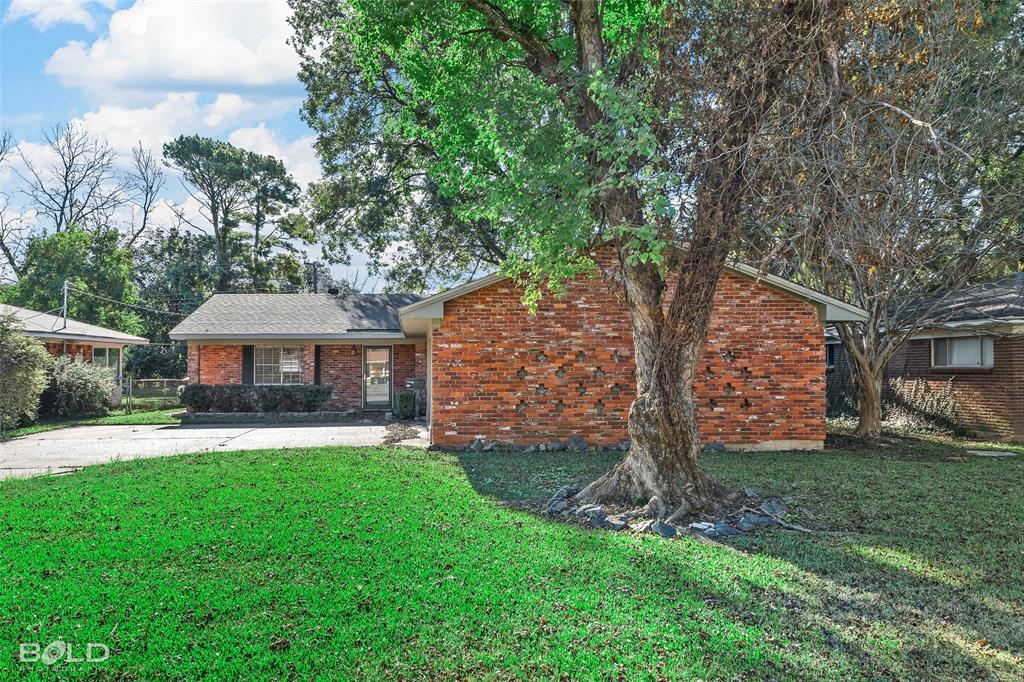 a view of a house with a yard and a large tree