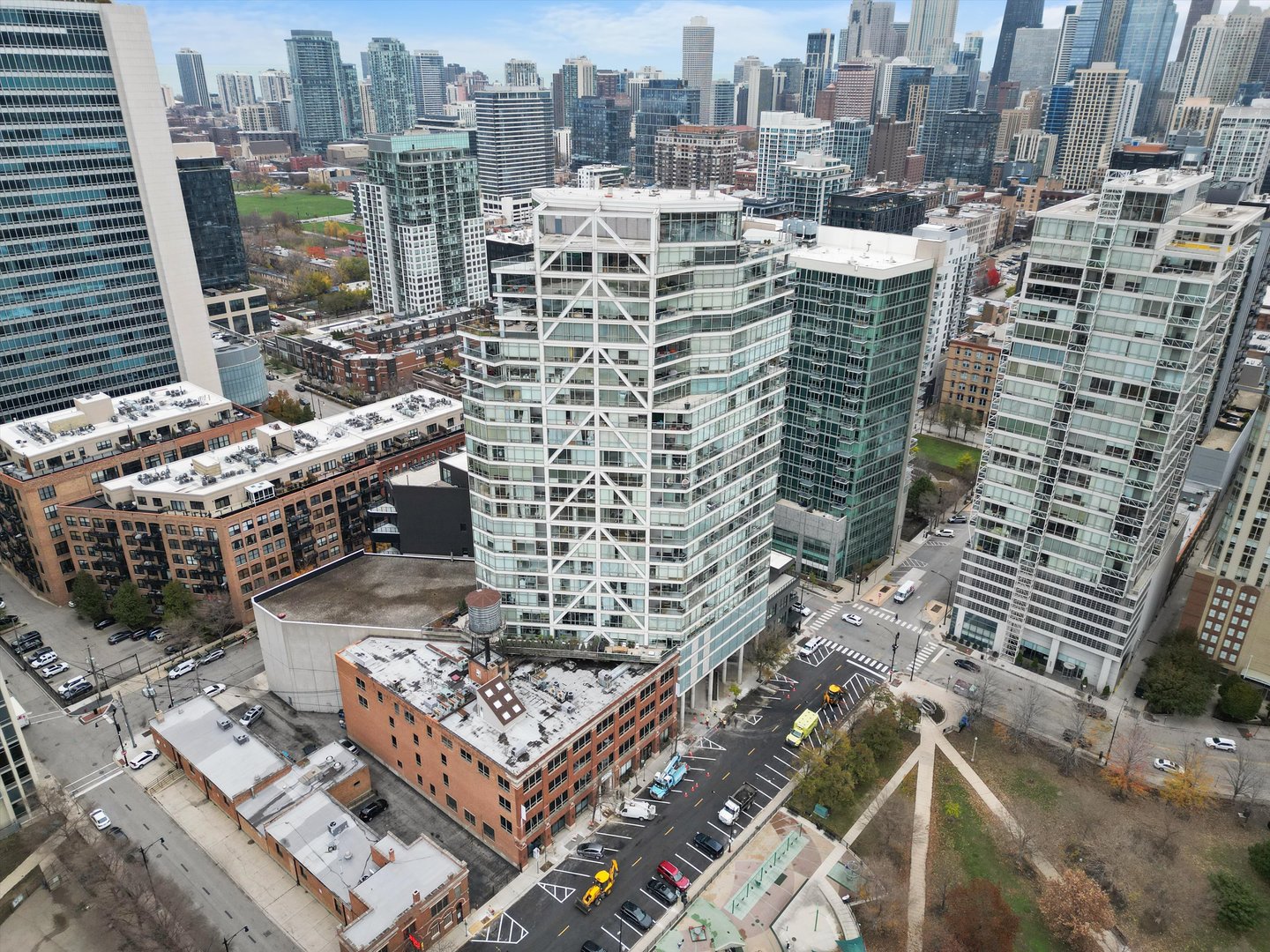 a city view with tall buildings