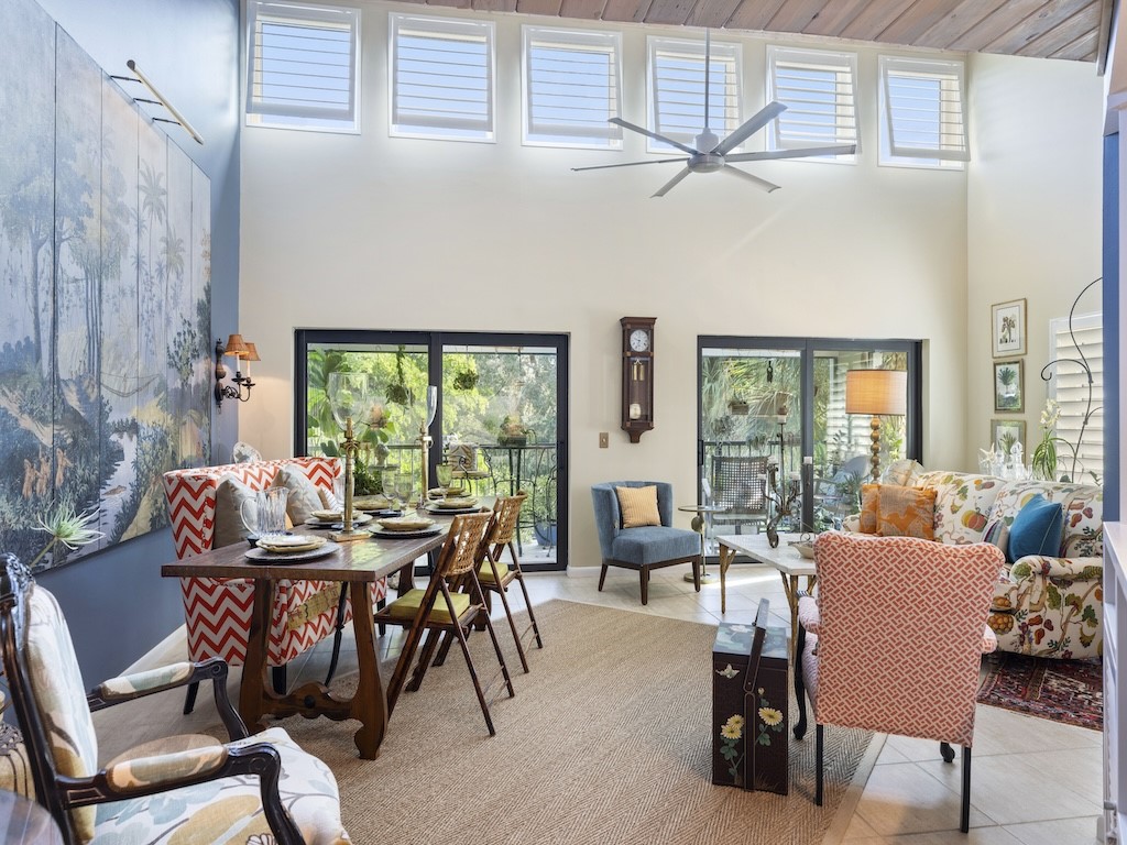 a view of a dining room with furniture window and outside view