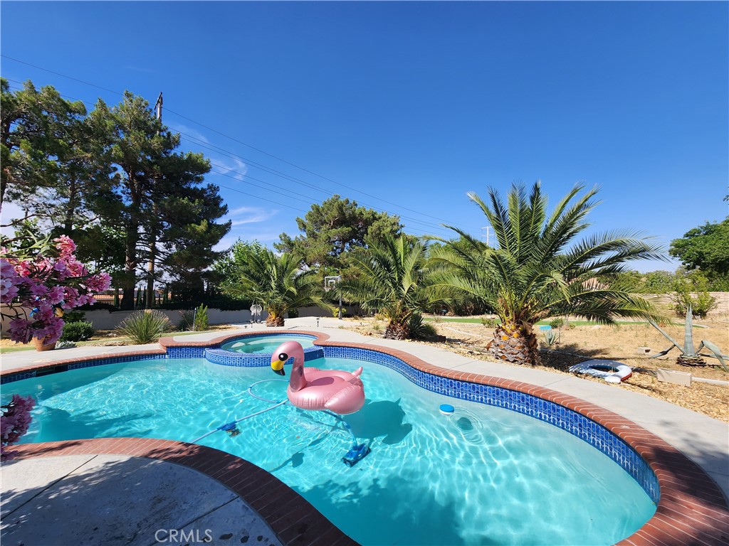 a view of a swimming pool with lawn chairs under an umbrella