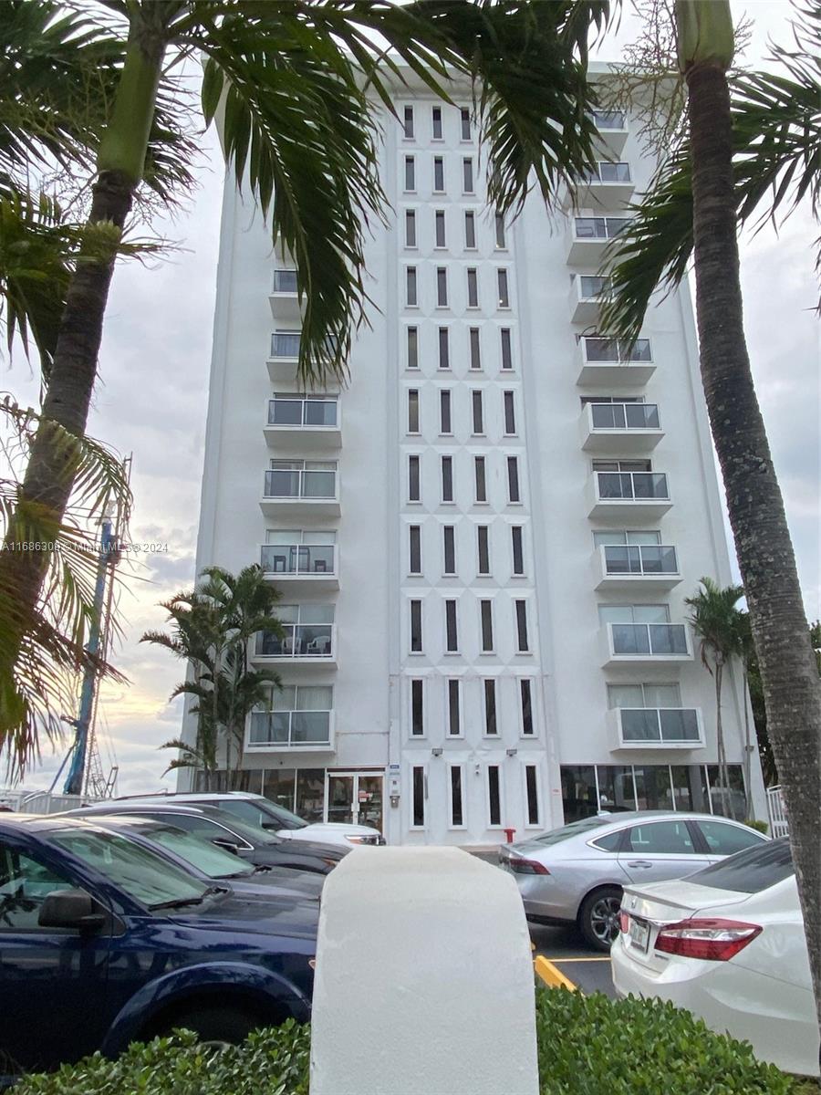 a view of a tall building with a palm tree