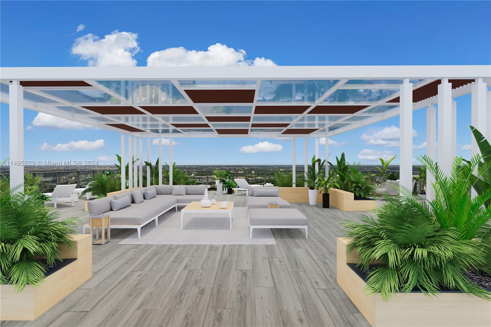 a view of a patio with table and chairs potted plants with wooden floor