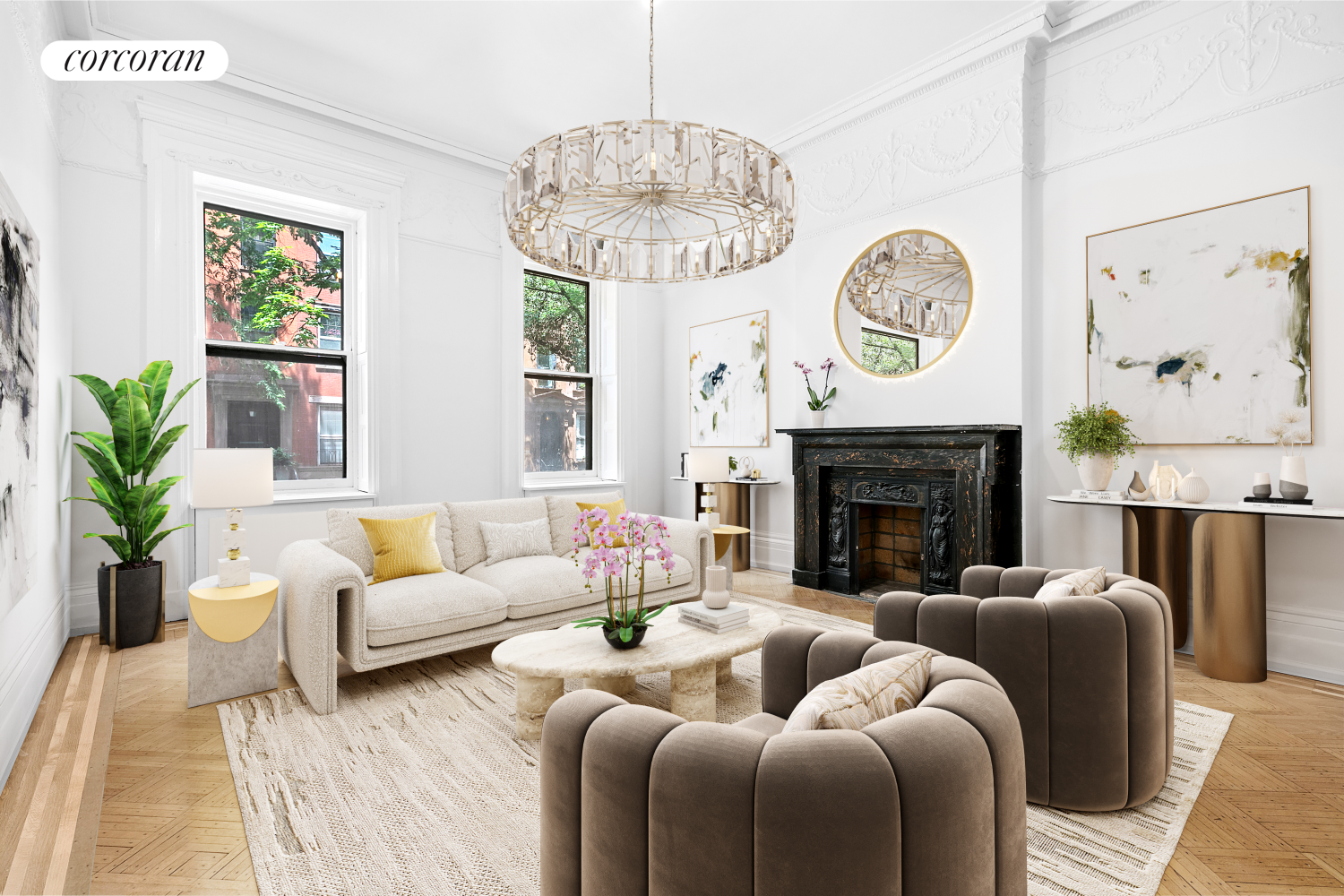 a living room with furniture a large window and a fireplace