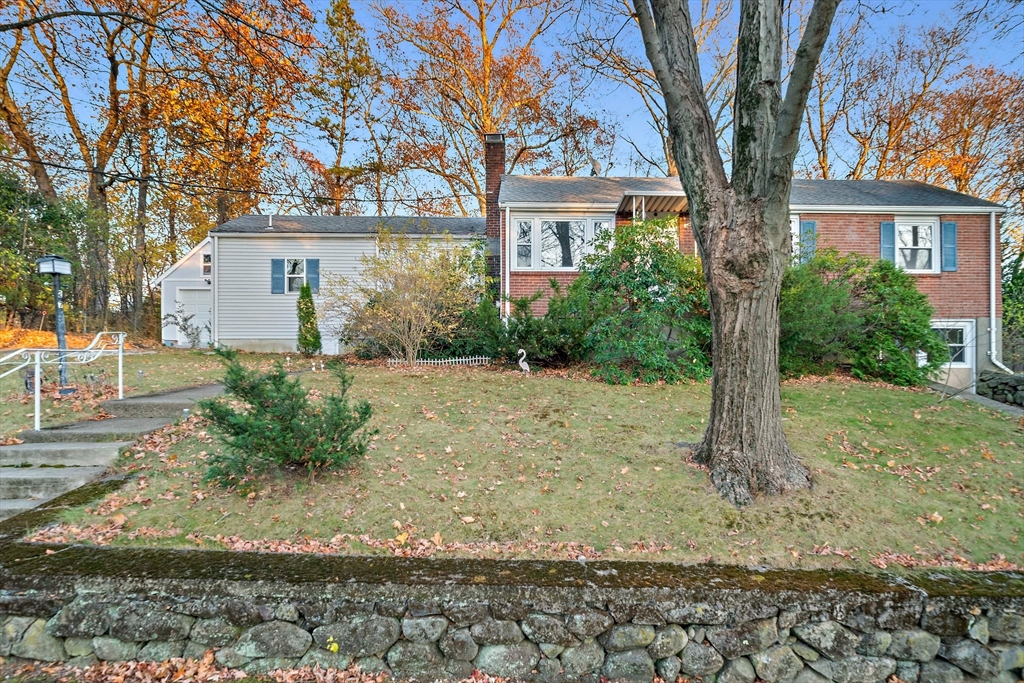 a front view of a house with a yard and tree