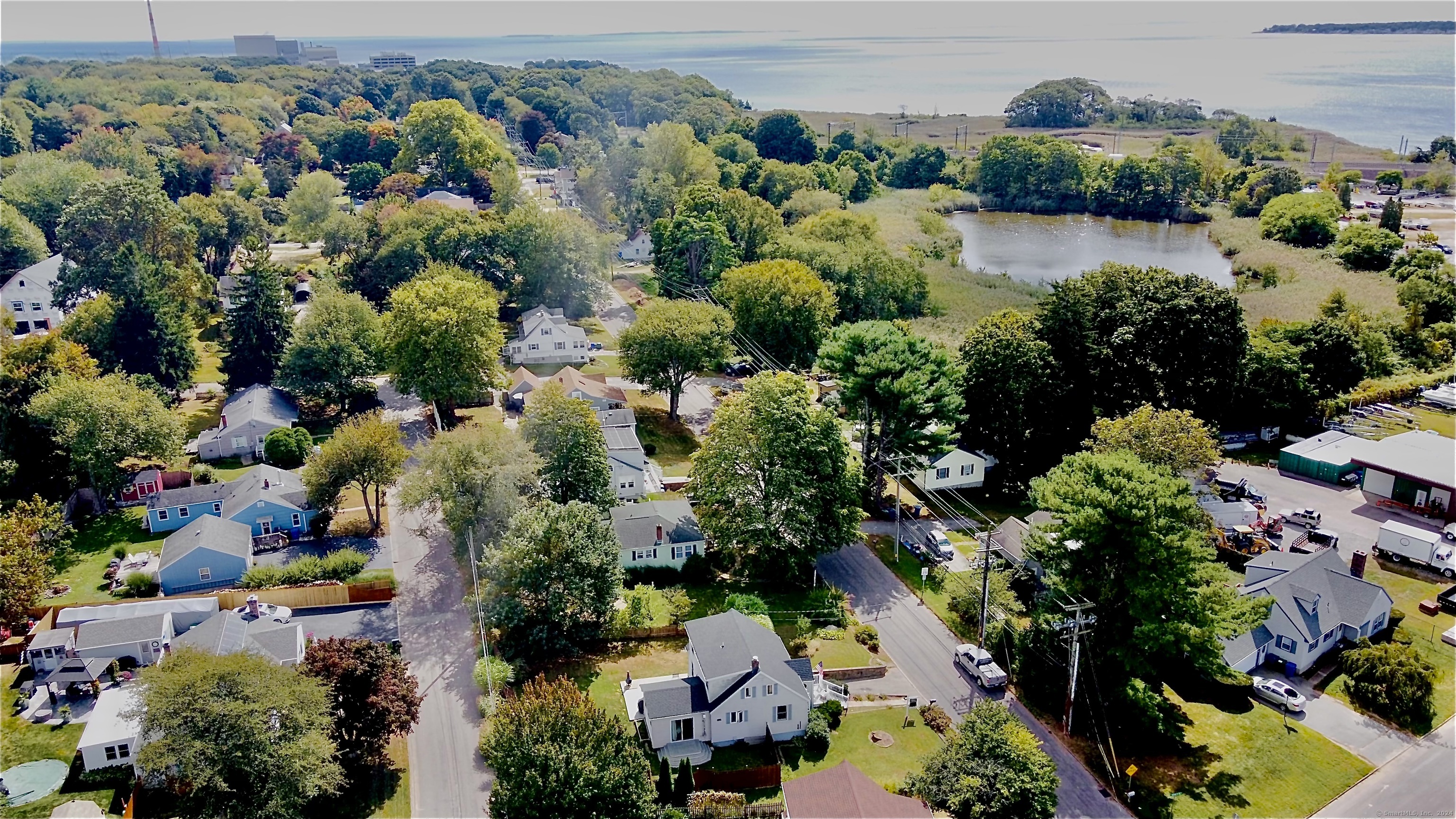 an aerial view of a houses with a yard and lake view