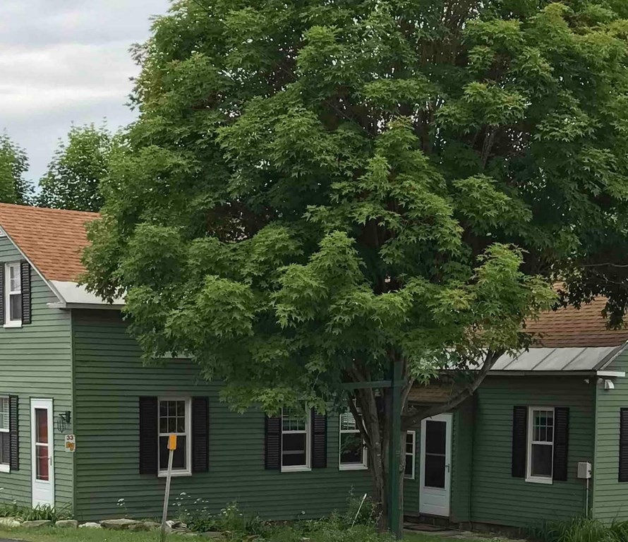 a front view of a house with trees