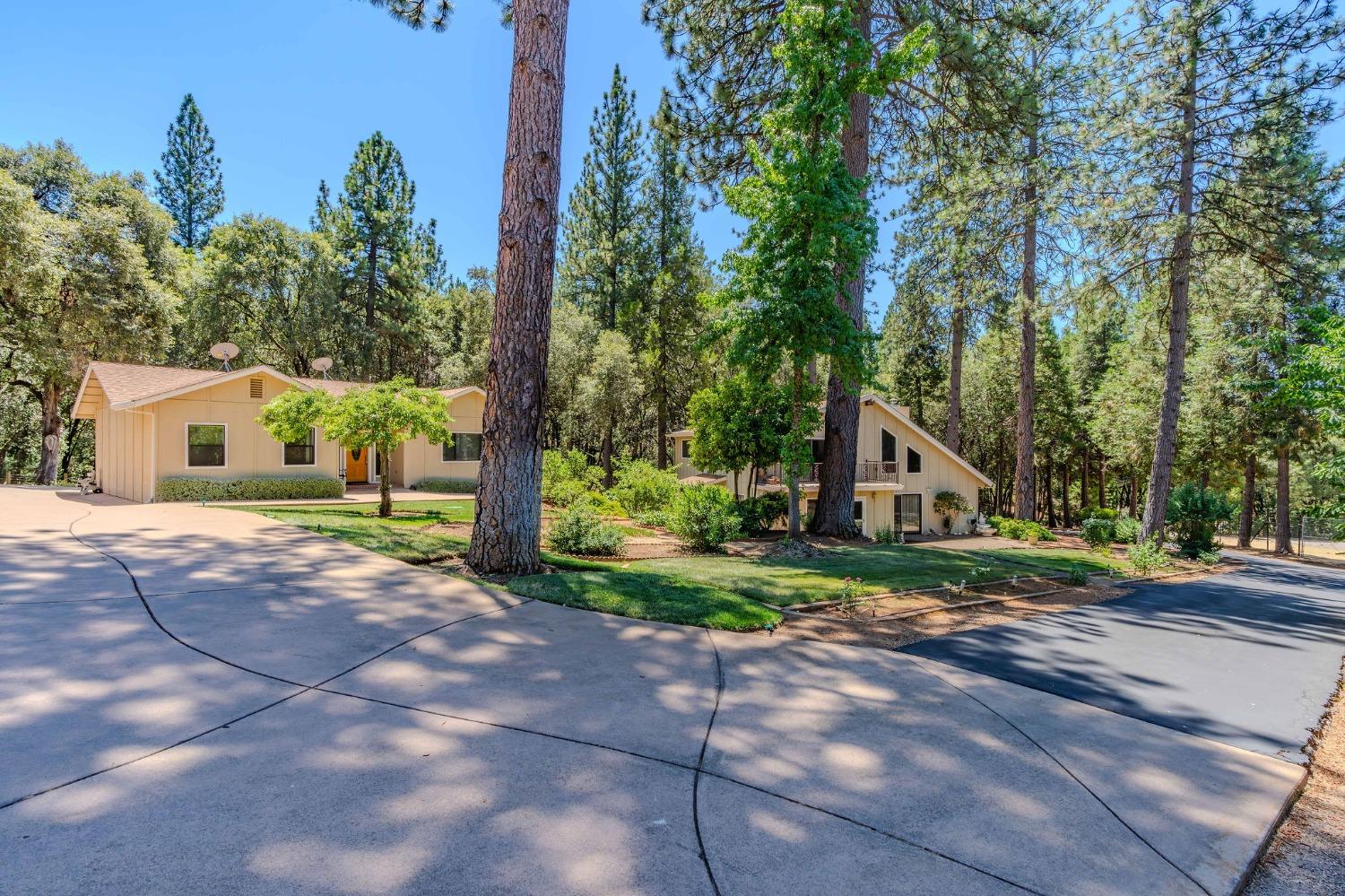 a view of a house with a yard and large trees