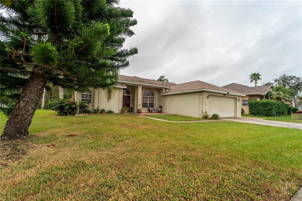 a front view of house with yard and trees