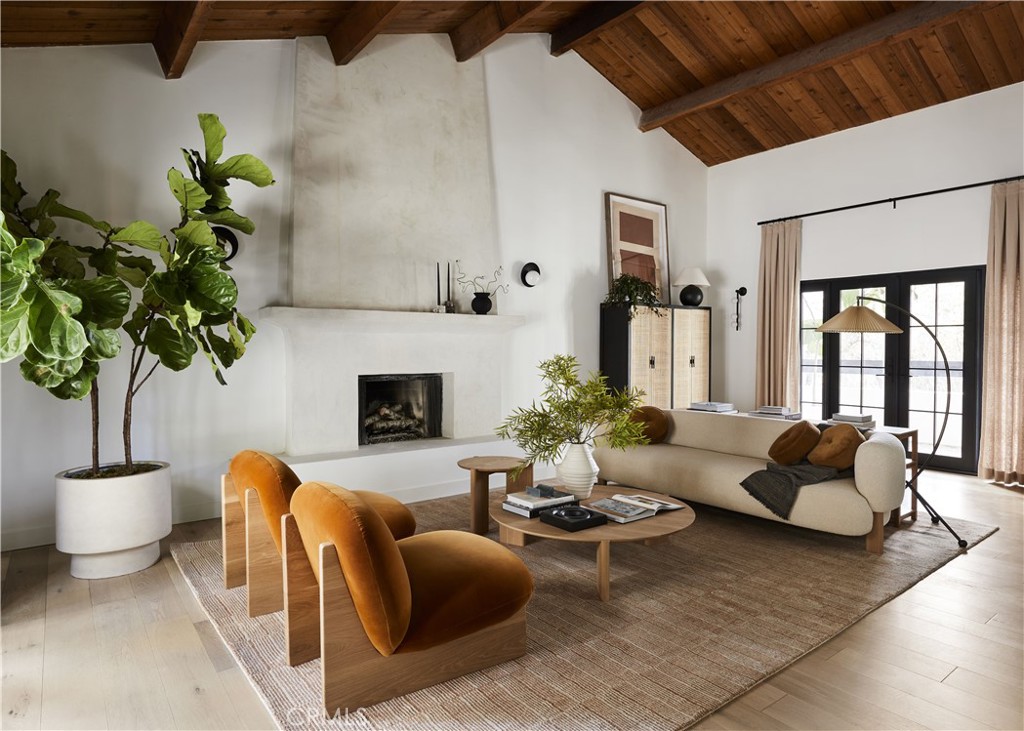 a living room with furniture potted plant and a fireplace