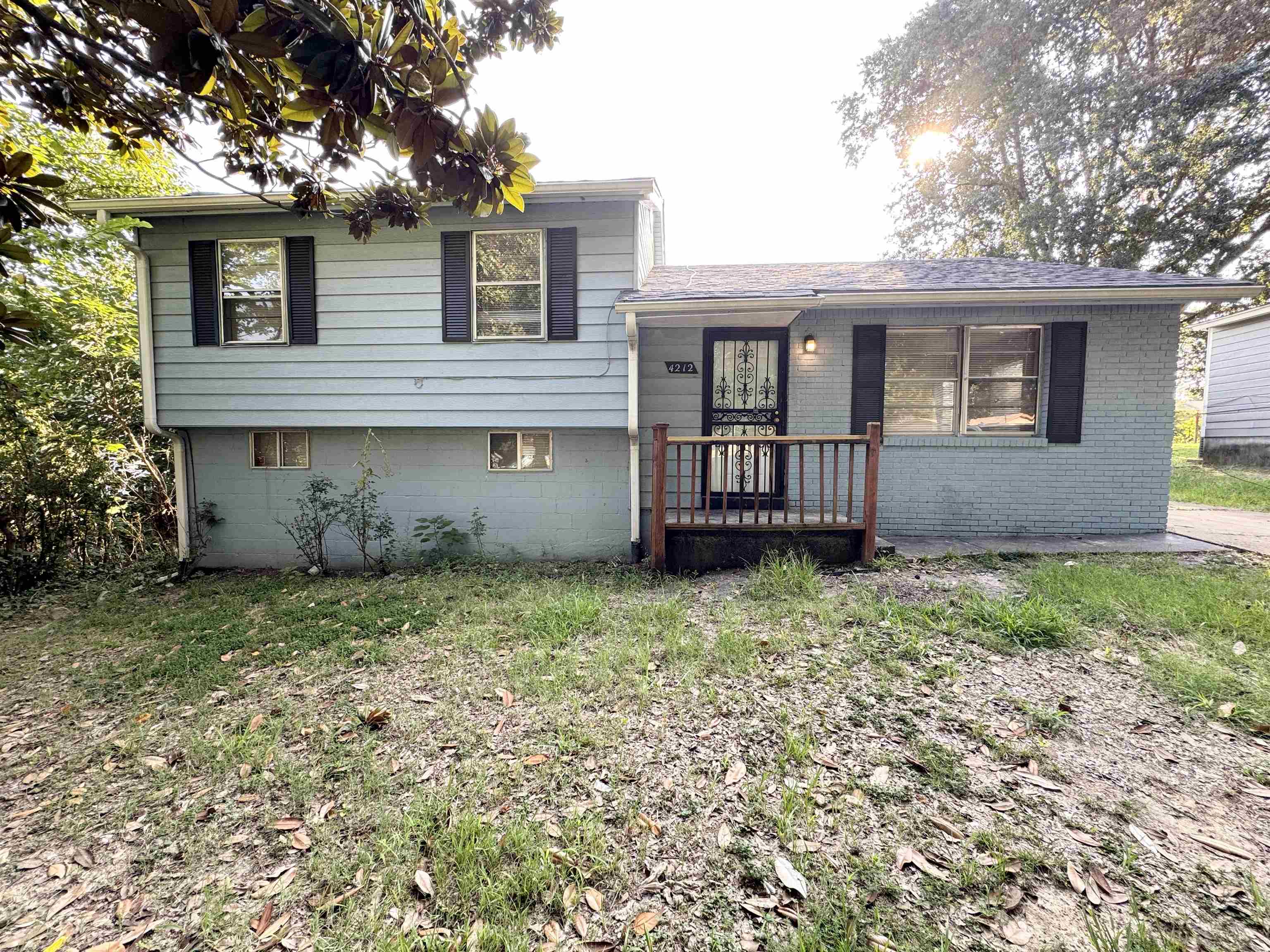 a view of house with a yard and a large tree