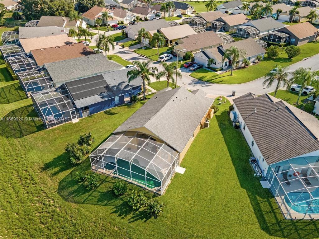 an aerial view of a swimming pool