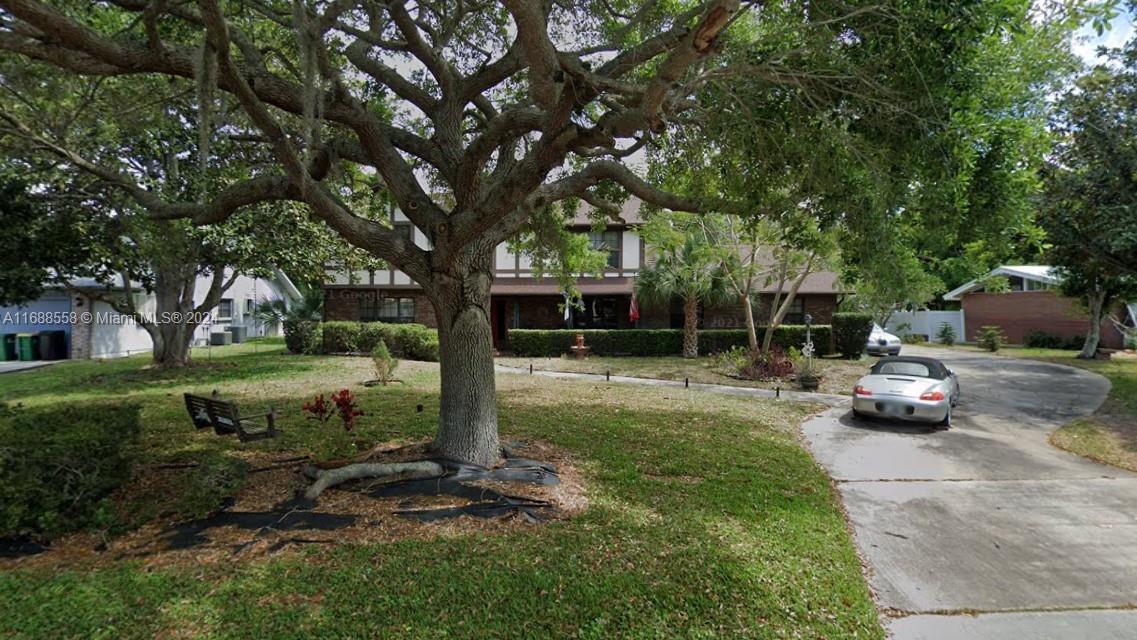 a view of backyard with table and chairs and a large tree