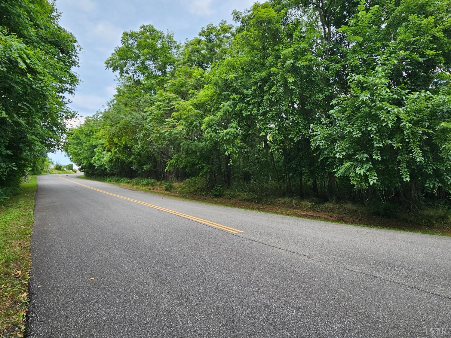 a view of a field with trees in background