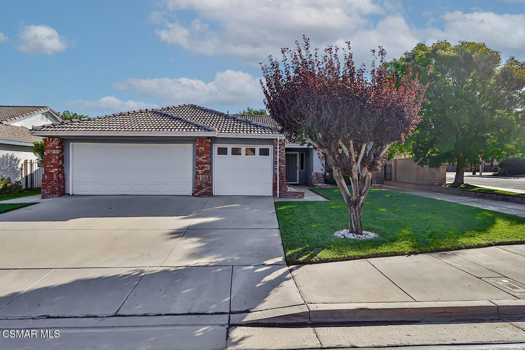 a front view of a house with a garden and a tree