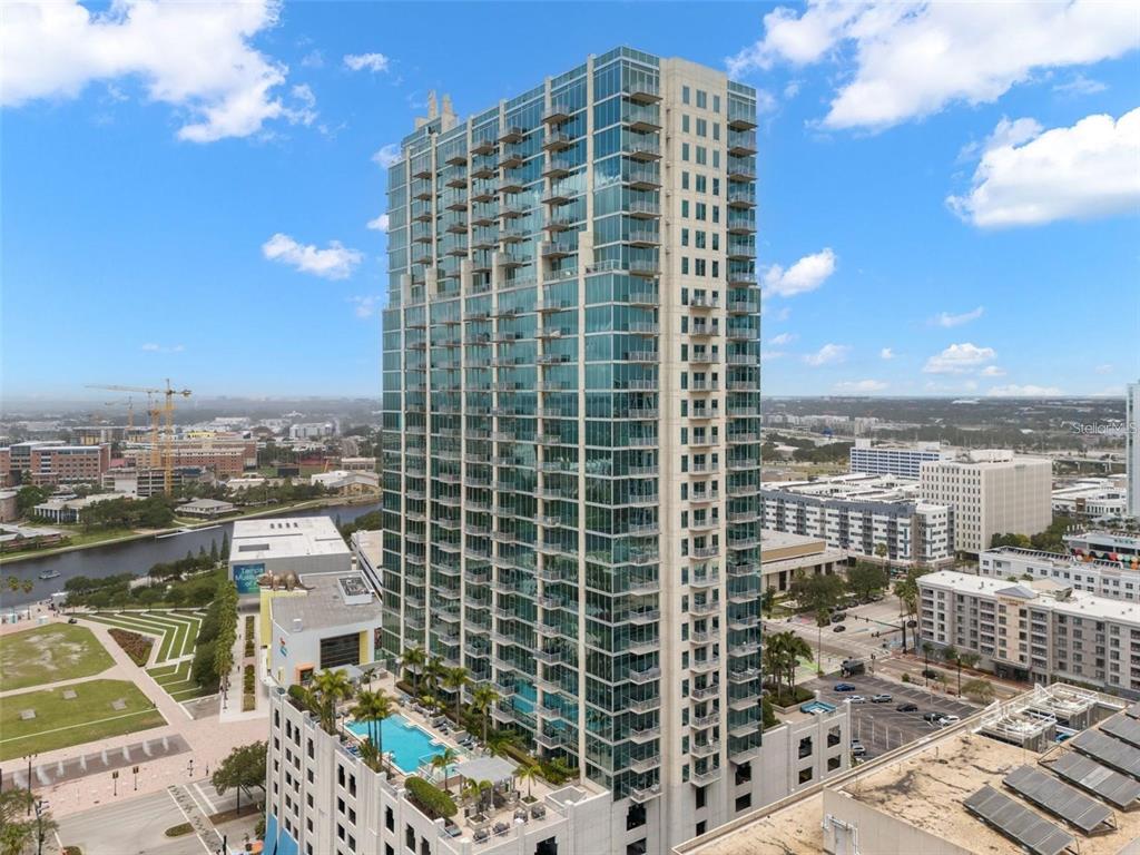 a city view with tall buildings