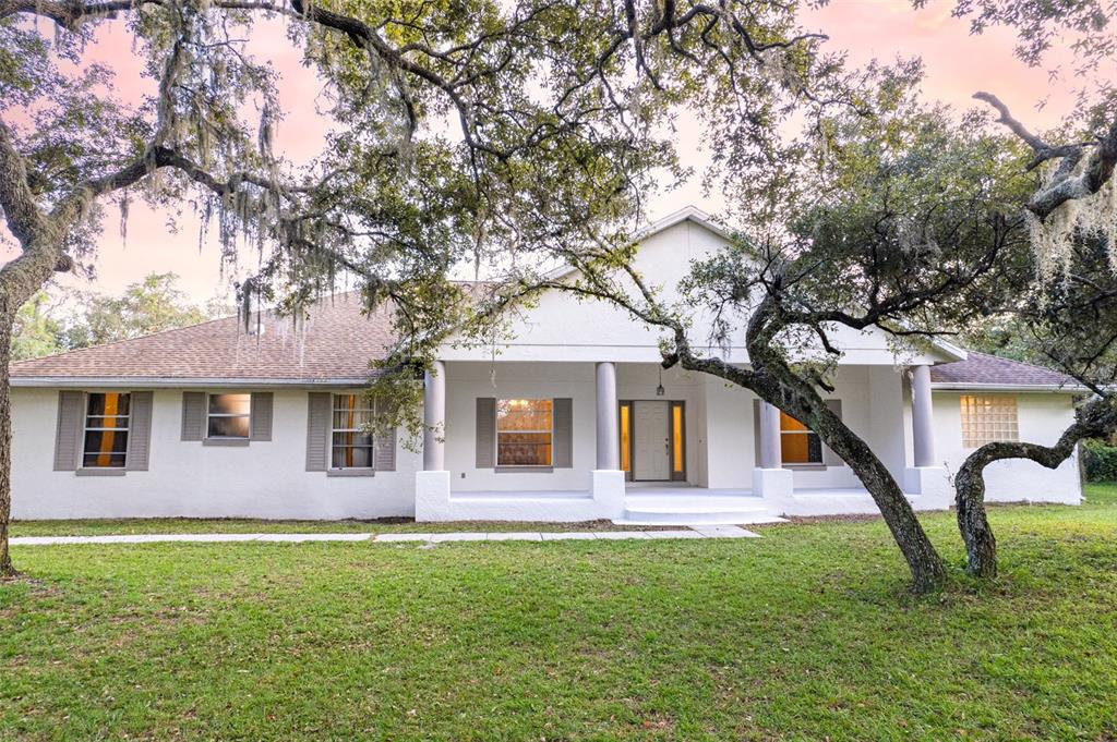 a front view of house with yard and green space