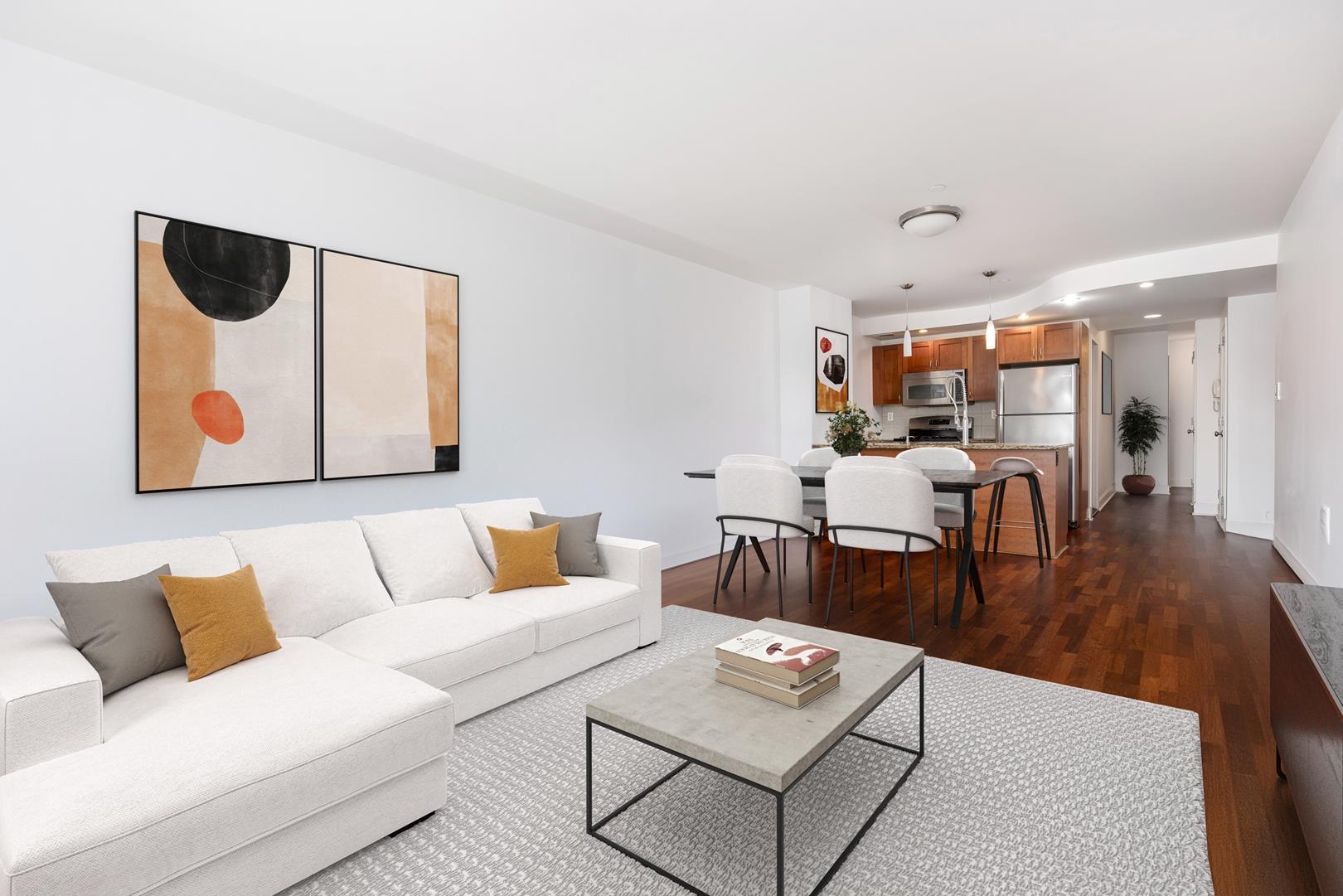 a living room with furniture and a table