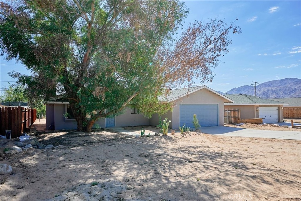 a view of a house with a yard and large tree