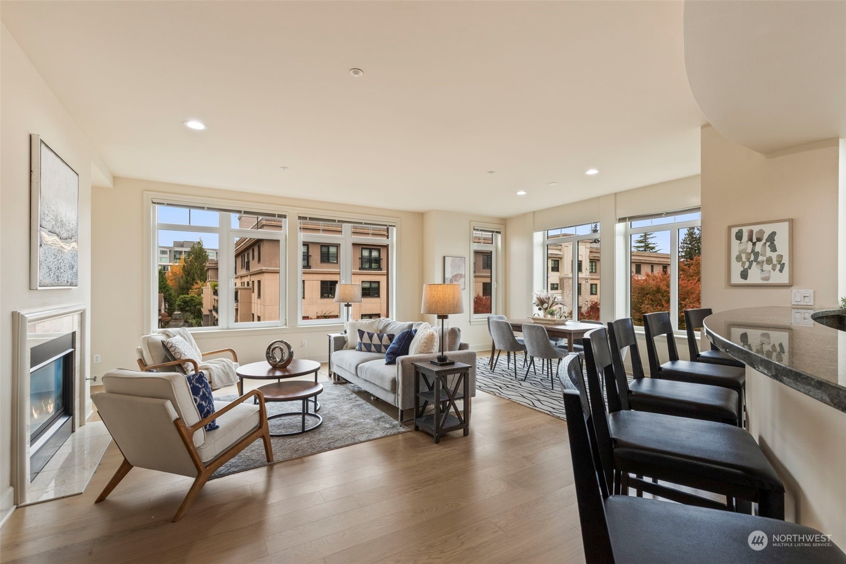 a living room with furniture or couch and a fireplace