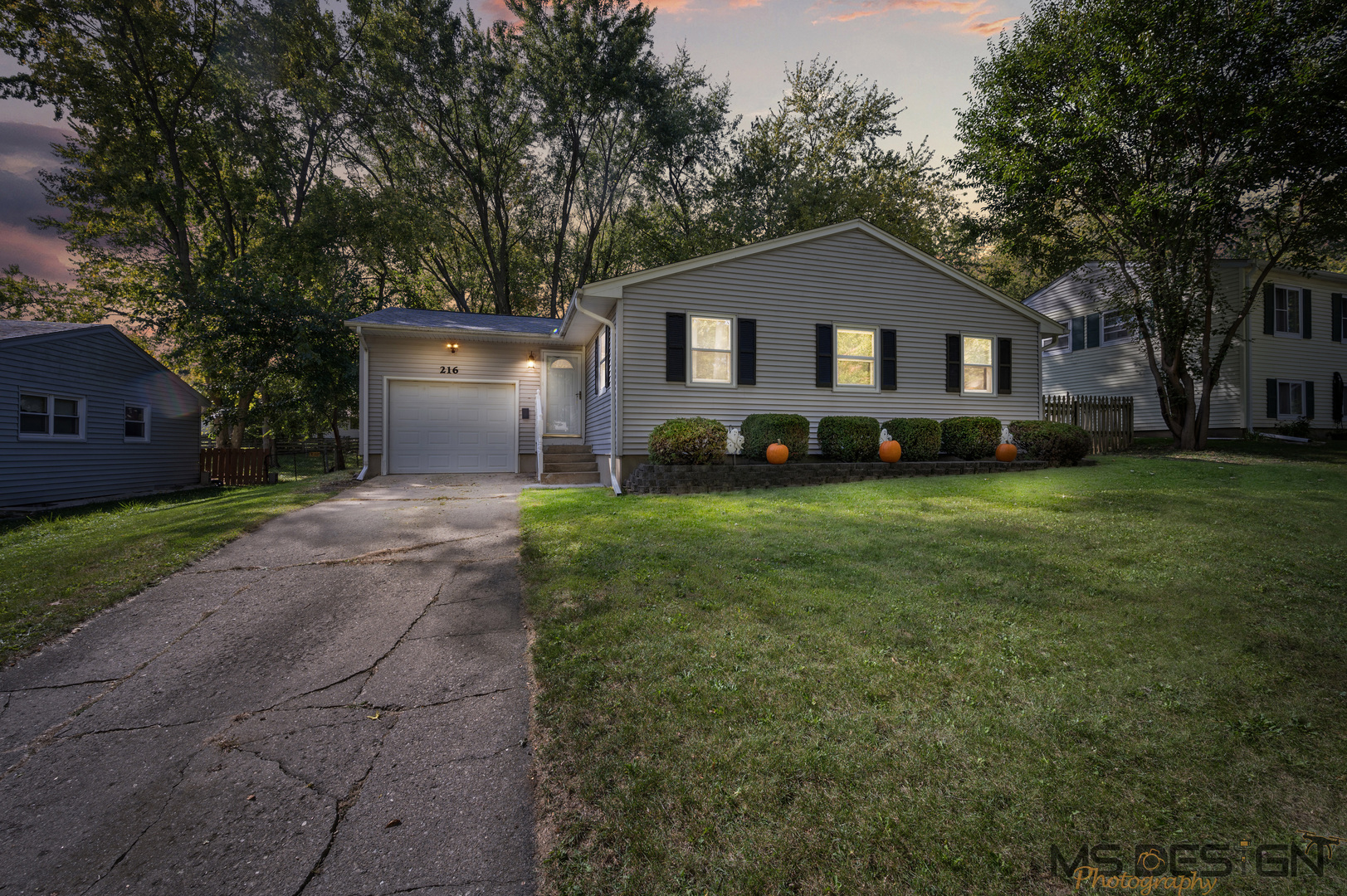 a front view of a house with a yard and garage