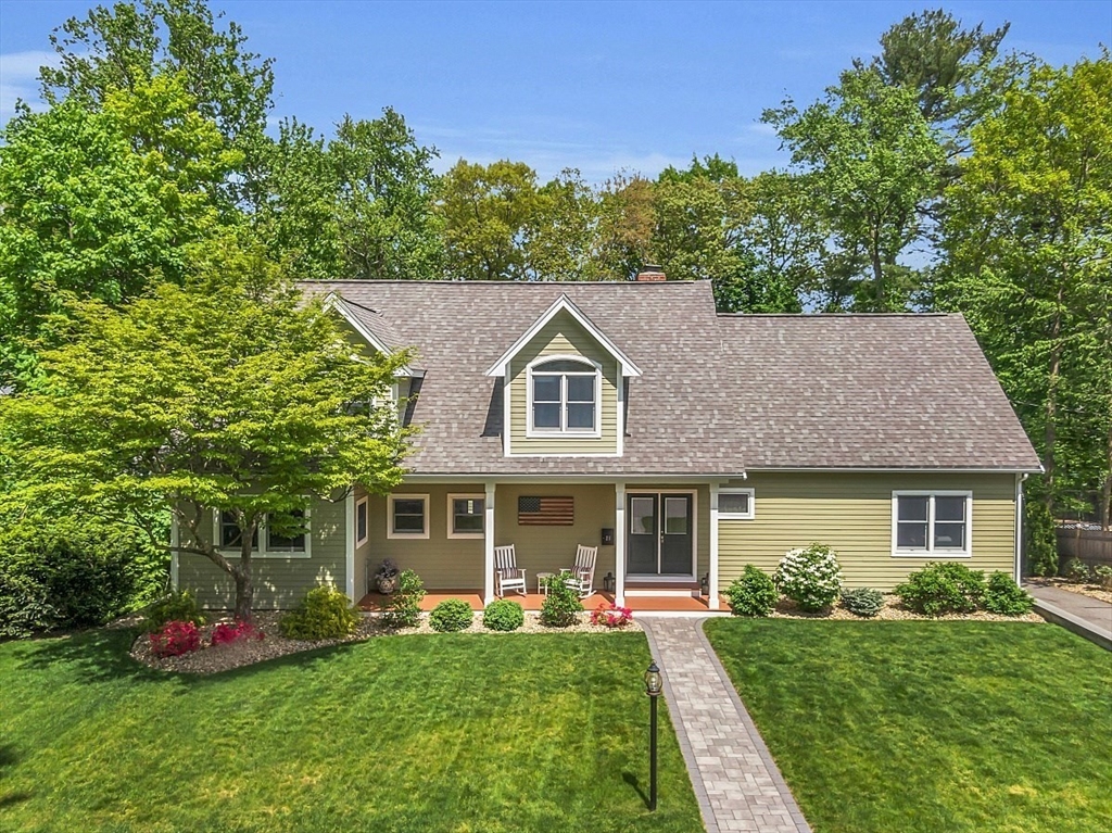 a view of a yard in front of a house with plants and large tree