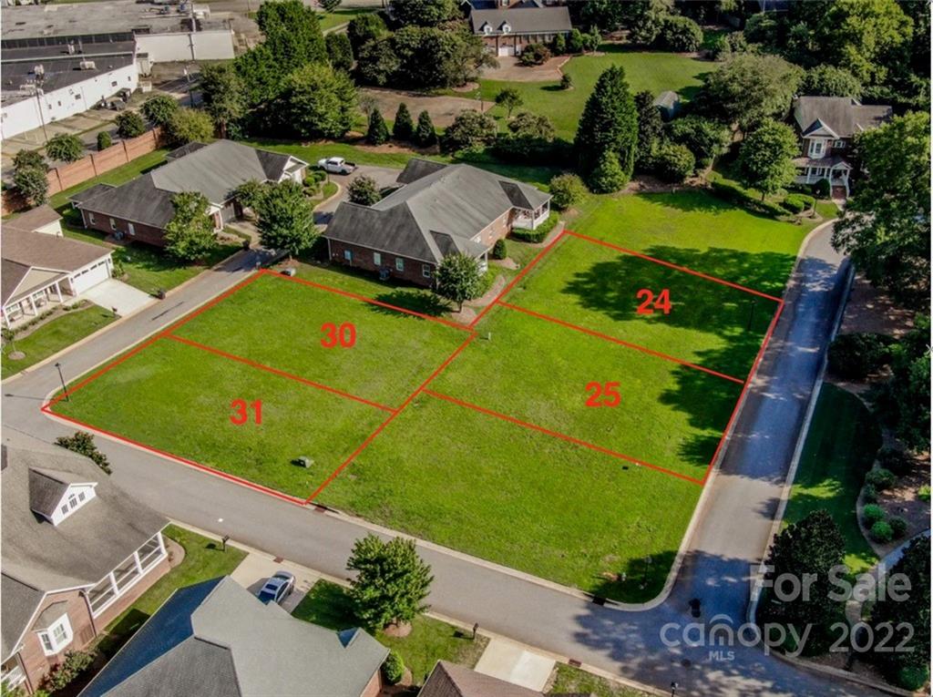 an aerial view of a pool