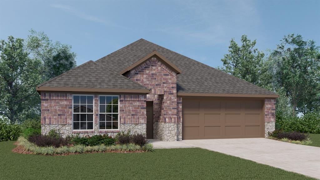 a front view of a house with a garden and garage