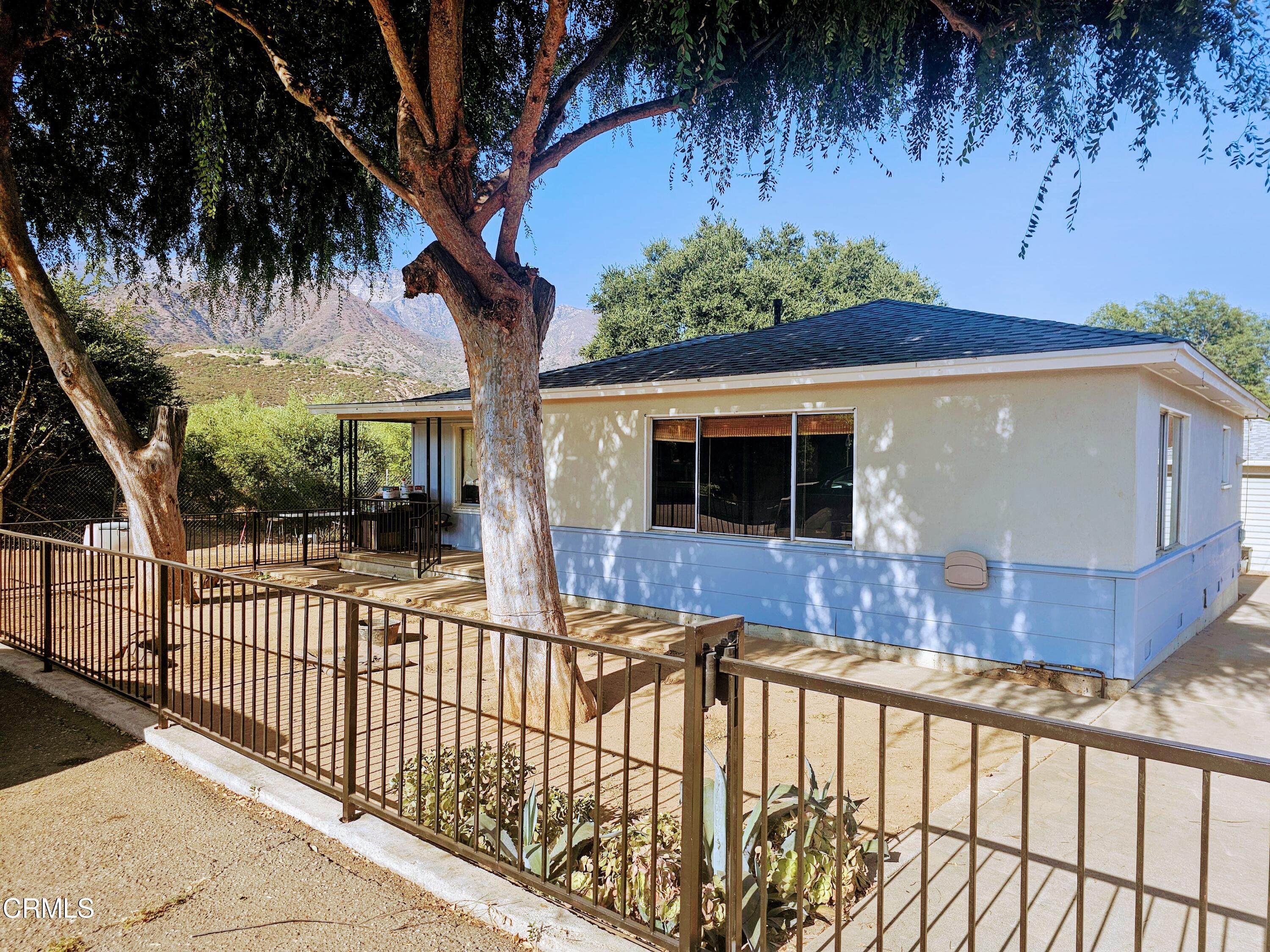 a view of a house with a small yard and a large tree