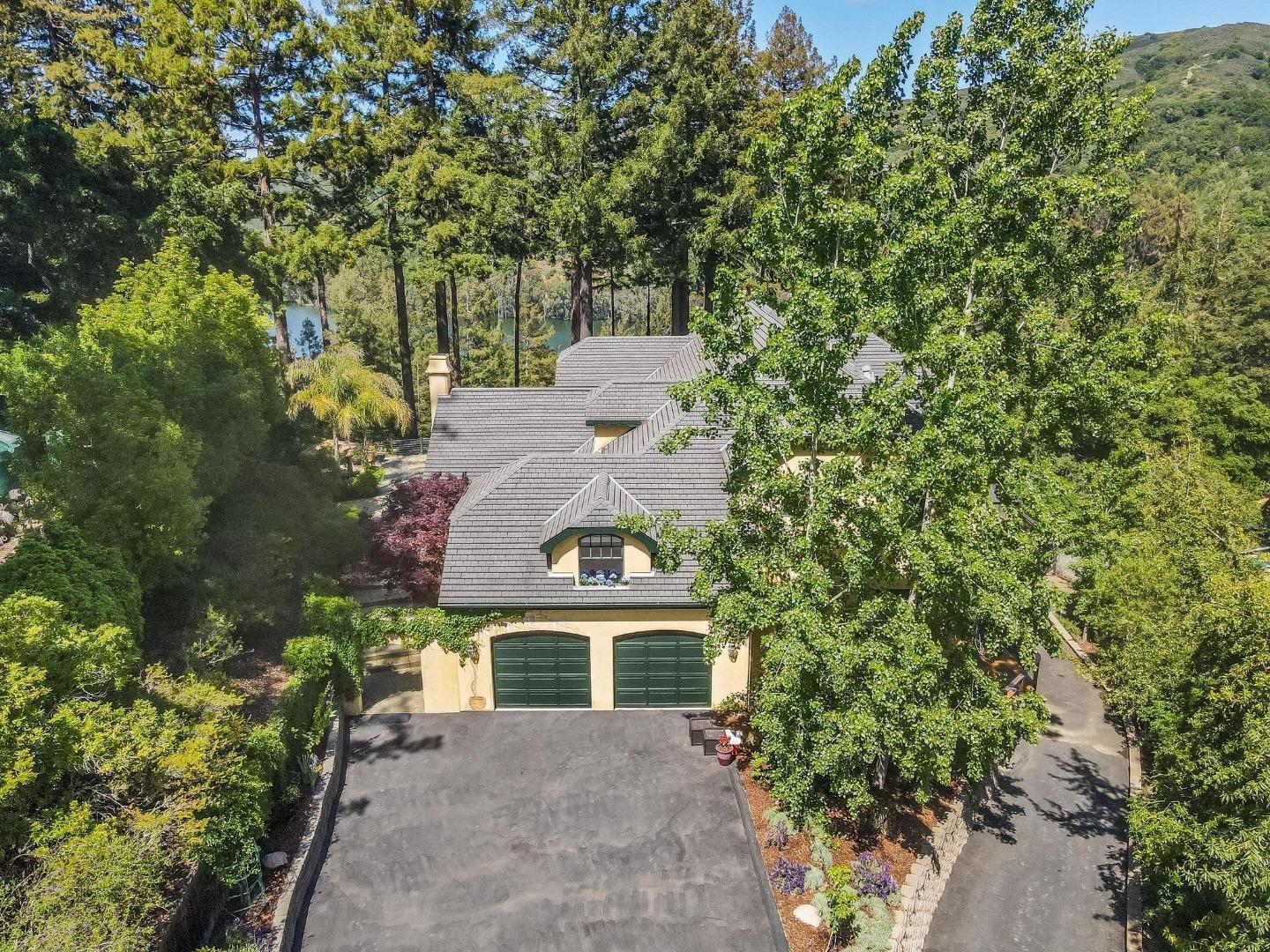 aerial view of a house with a yard and potted plants