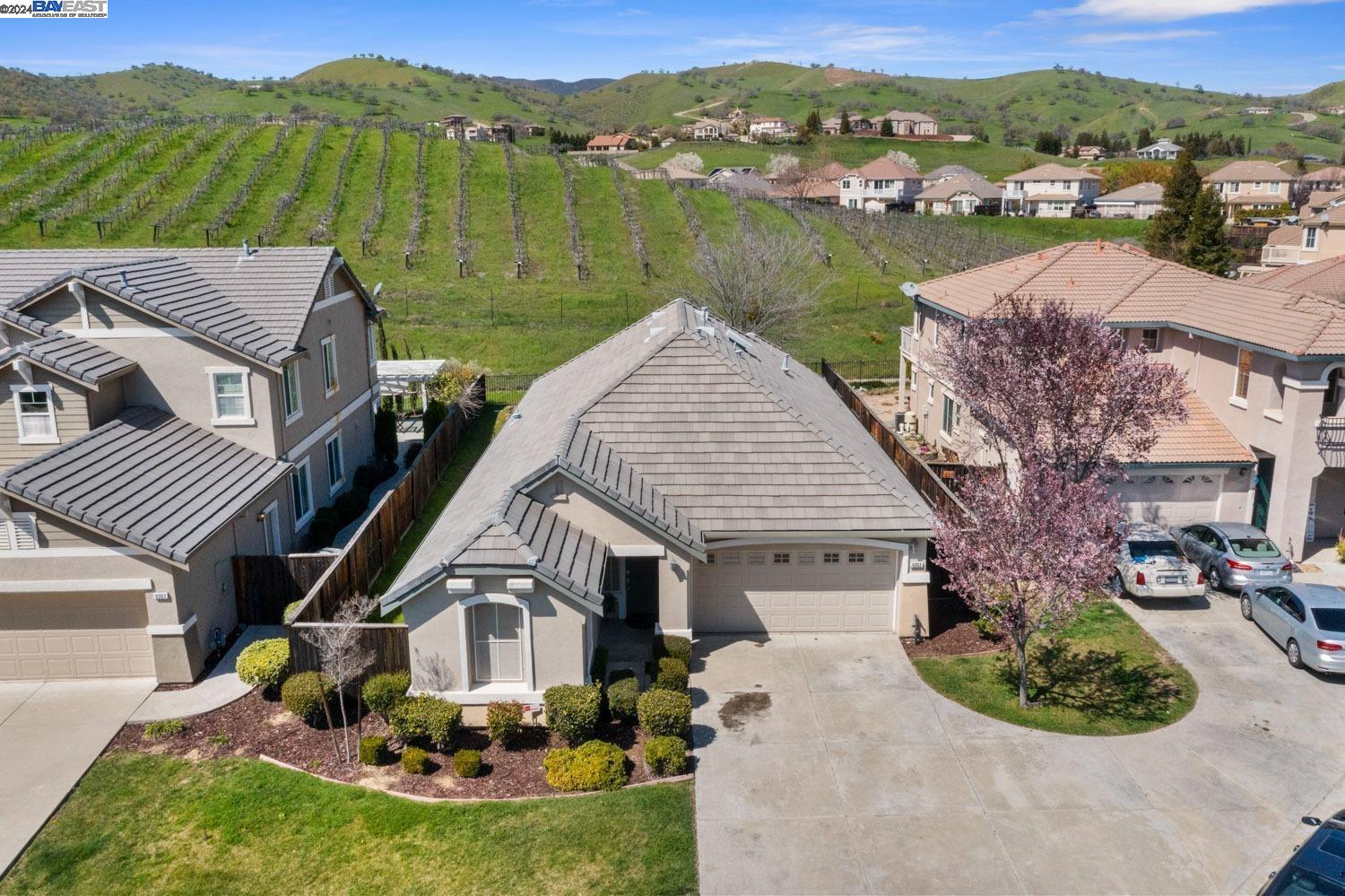 a aerial view of a house with a yard