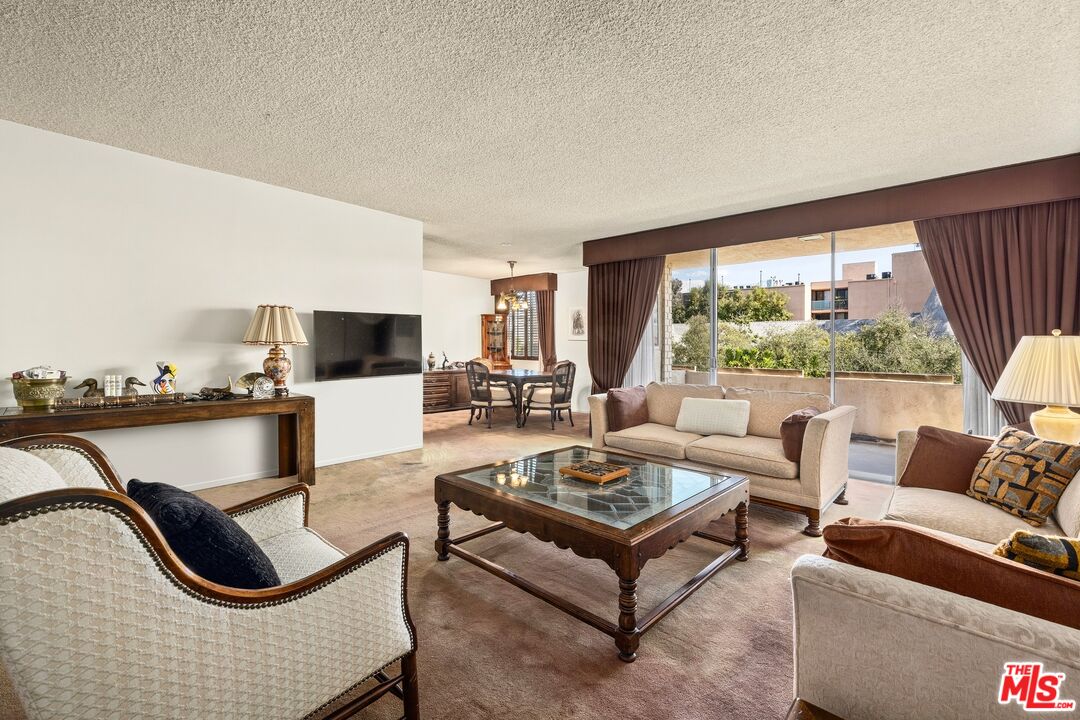 a living room with furniture a fireplace and a floor to ceiling window