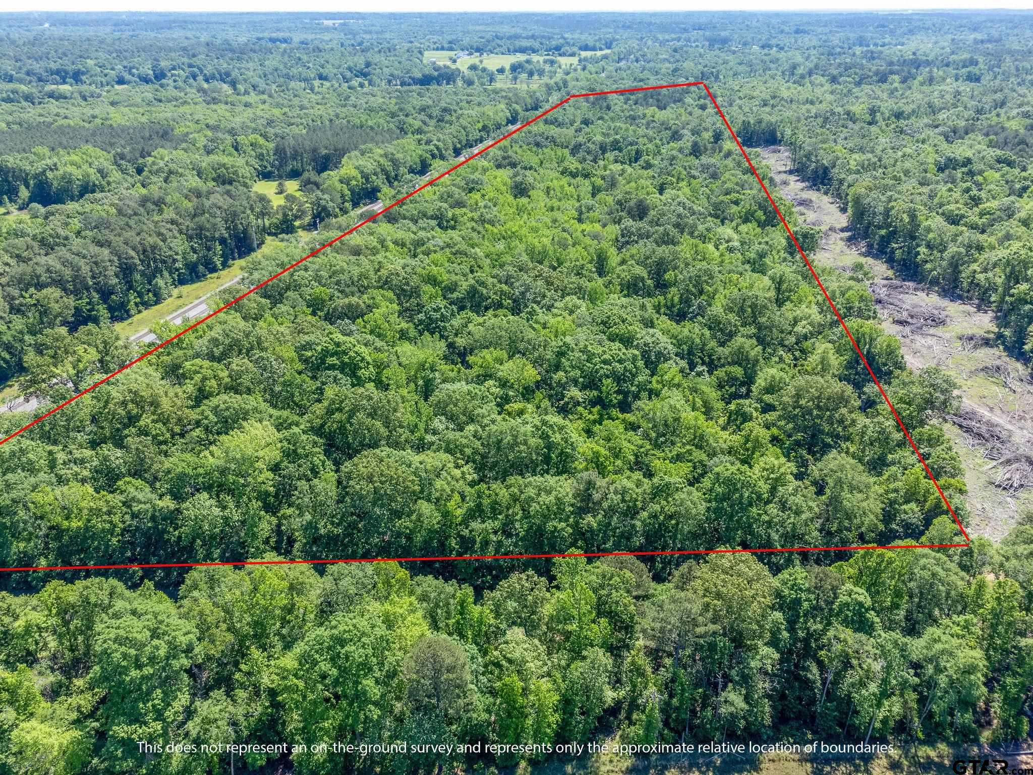 an aerial view of a forest with a yard