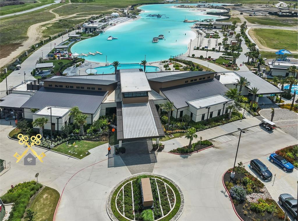 an aerial view of a swimming pool and outdoor space