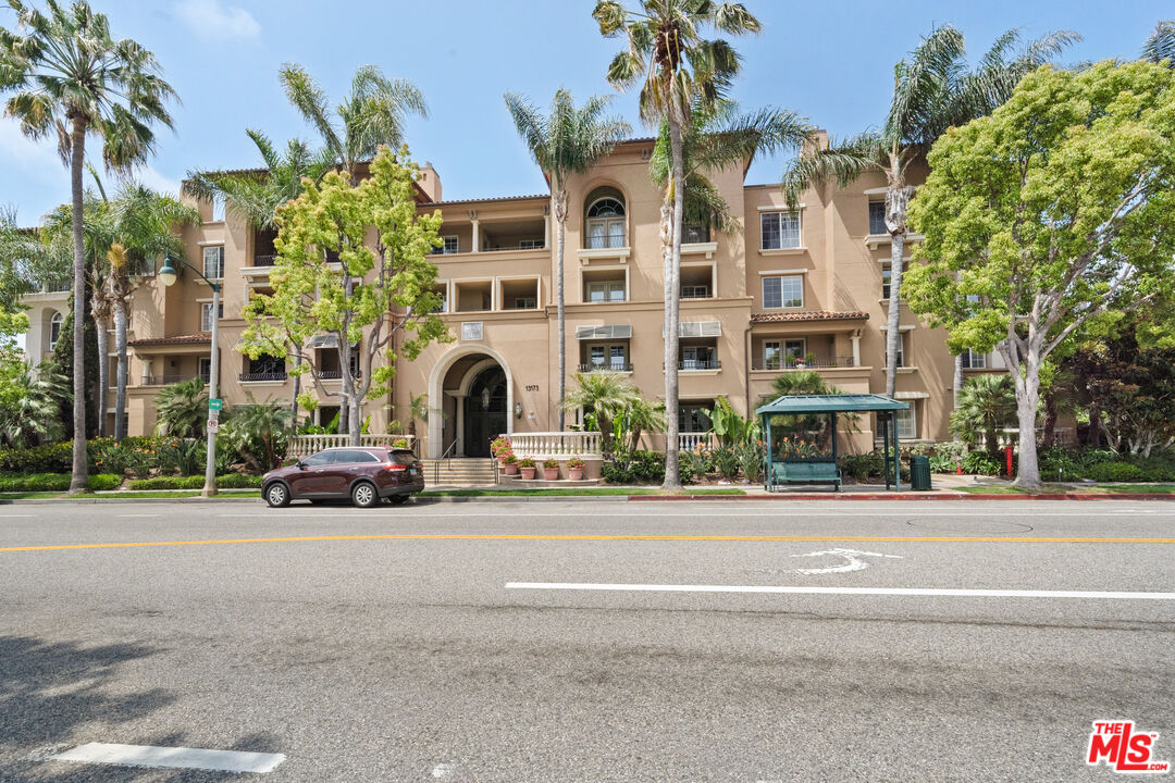 front view of a building with a street