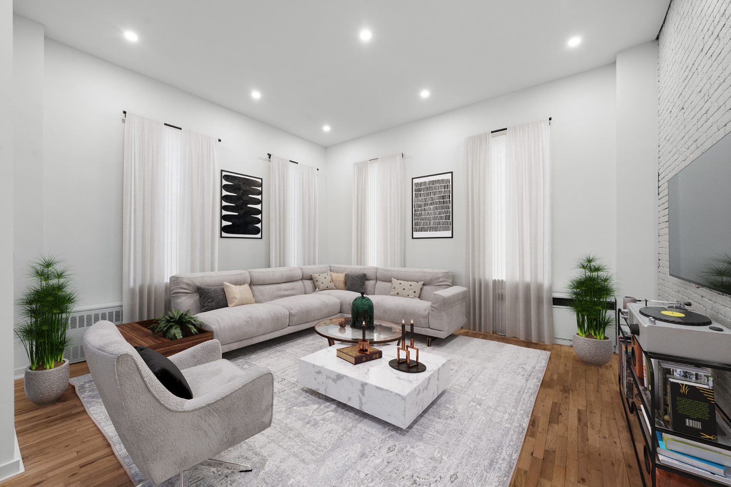 a living room with furniture flat screen tv and a large window