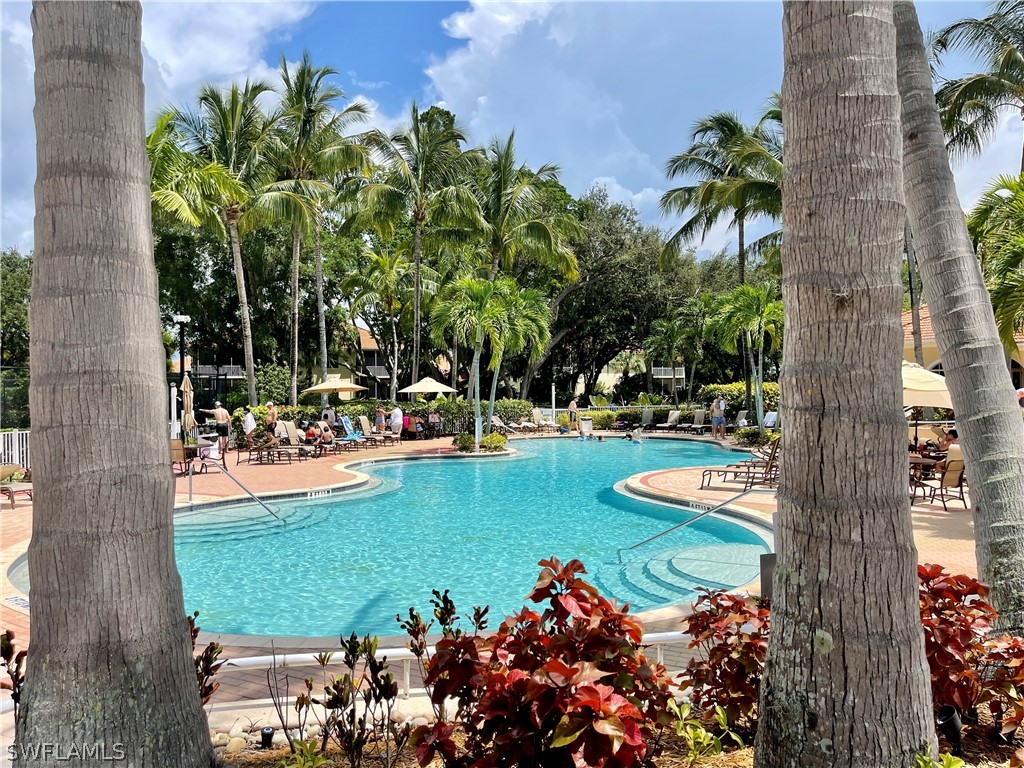 a view of a swimming pool with a patio and garden