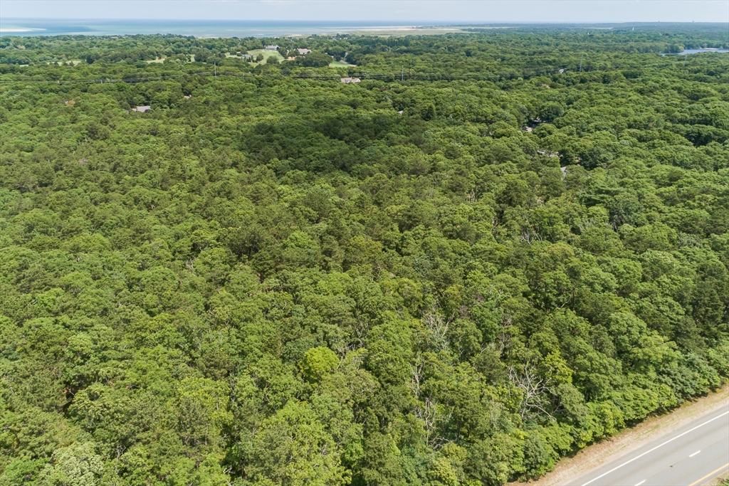 an aerial view of residential houses with outdoor space and trees