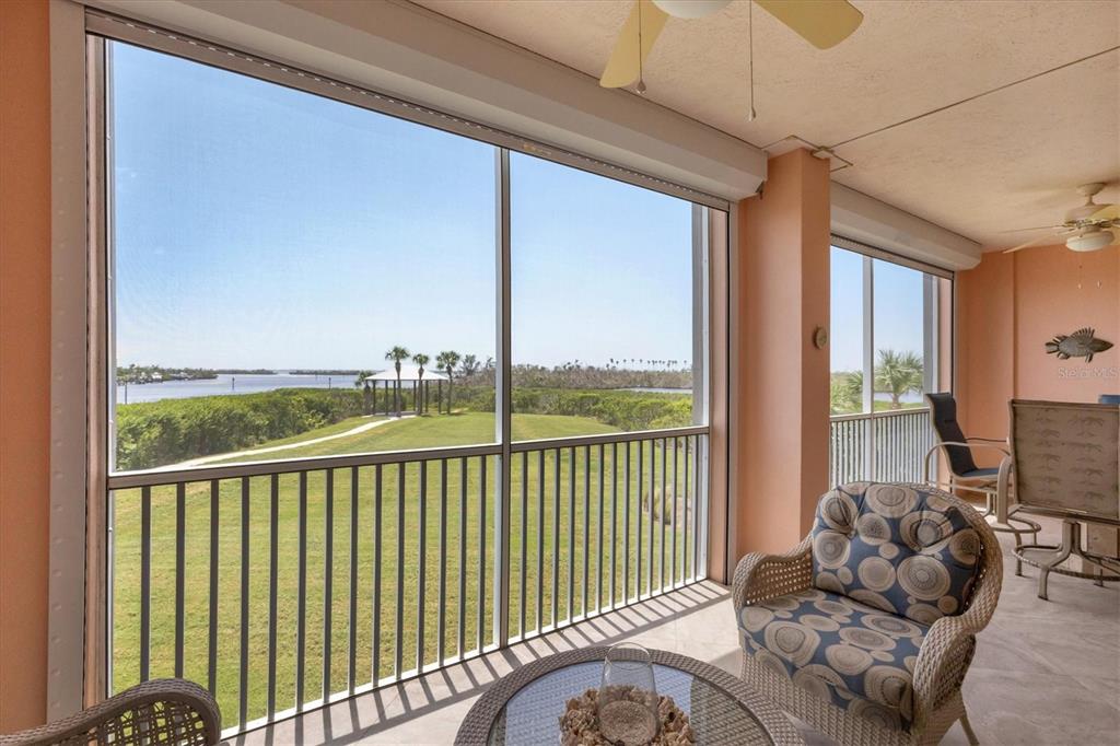 a balcony with furniture