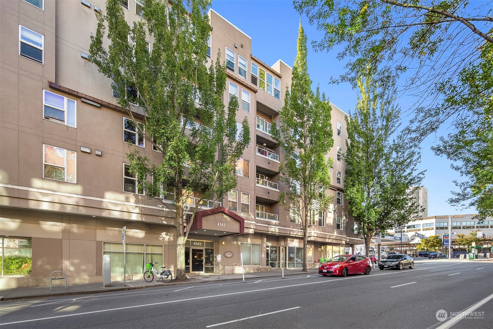 a view of a building with a street