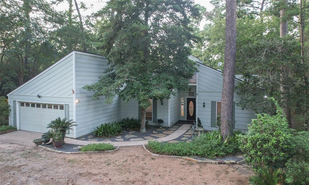 a backyard of a house with plants and large tree