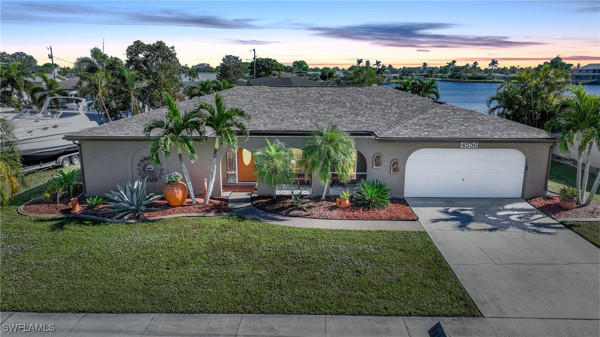 a view of a backyard with plants and patio