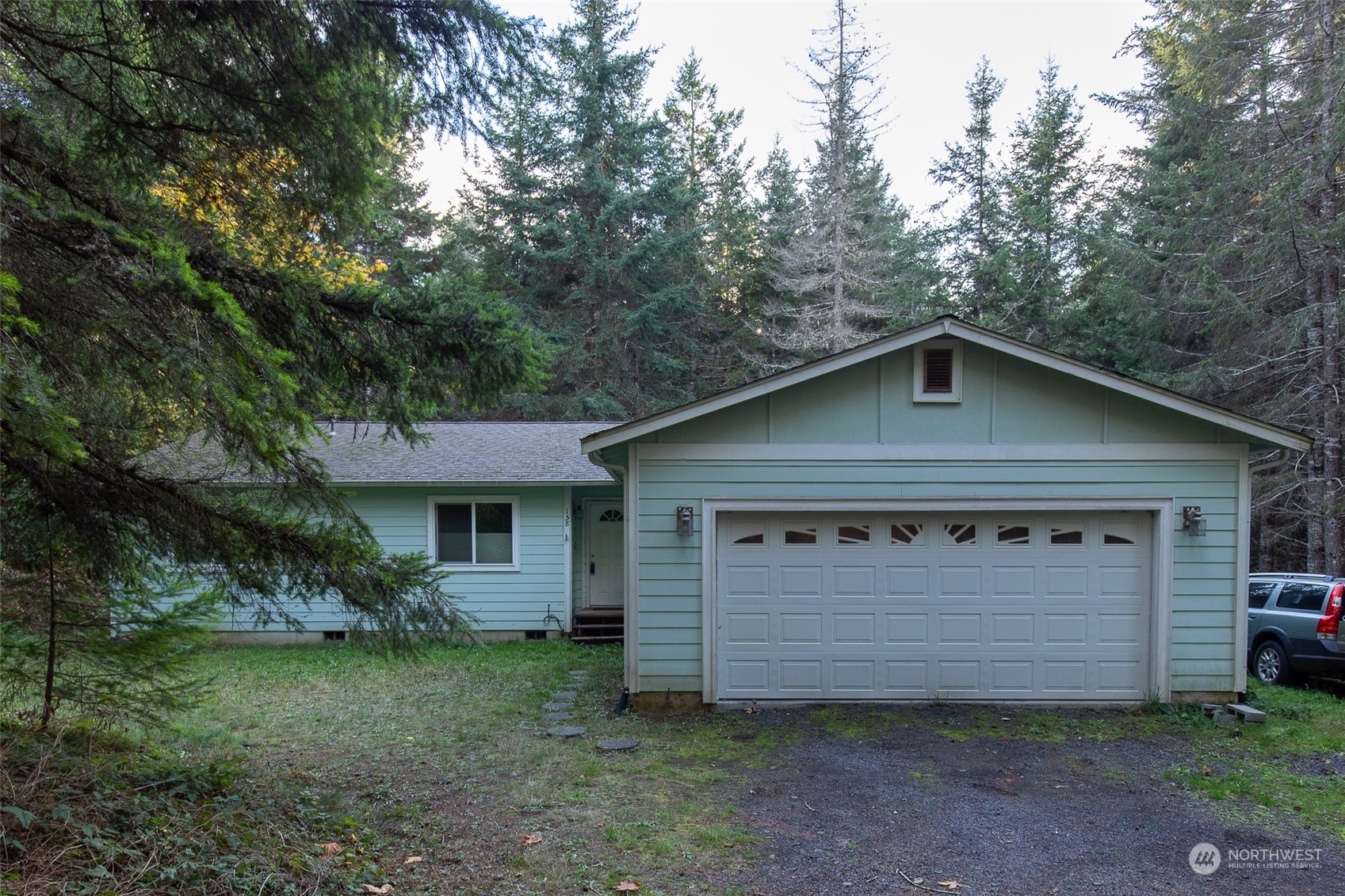 a view of a house with a yard plants and large tree