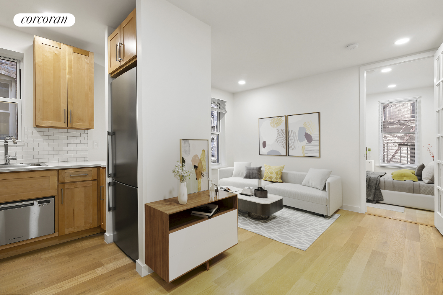 a living room with furniture and painting on the wall