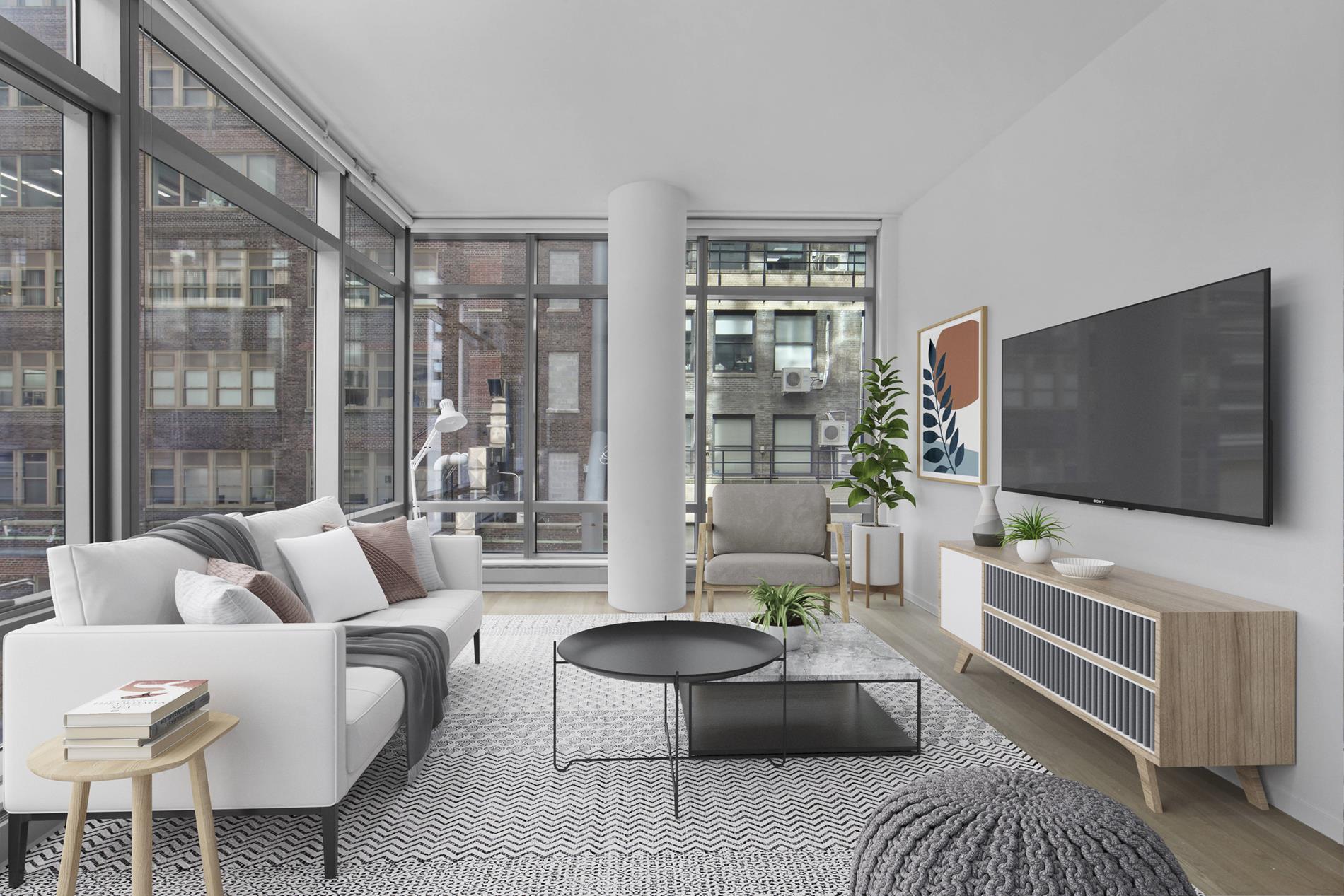 a living room with furniture a flat screen tv and a large window