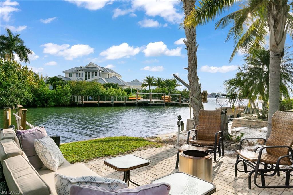 View of patio featuring a water view and a dock