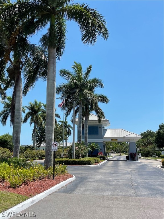 a palm tree sitting in front of a house with a garden